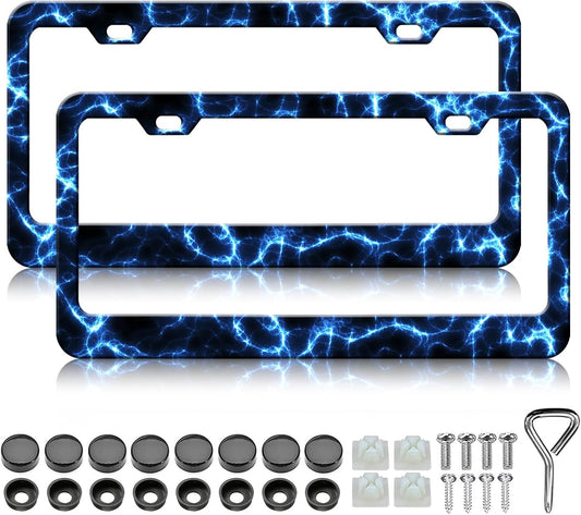 Blue Lightning License Plate Frames - 2 Pack Cool Thunder Stainless Steel License Plate Holder,Rust-Proof Waterproof Car Decorative Tag Frame with Screws Fasteners Caps