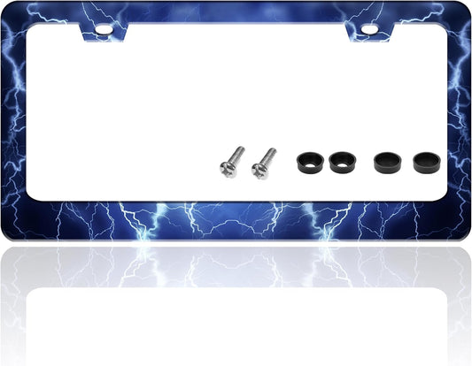Blue Lightning License Plate Frame Funny Thunder License Plate Holder for Front or Rear Car Tags Reusable Durable Stainless Steel Car Decoration with Screws 6.3 X 12.2 Inch for Men Women