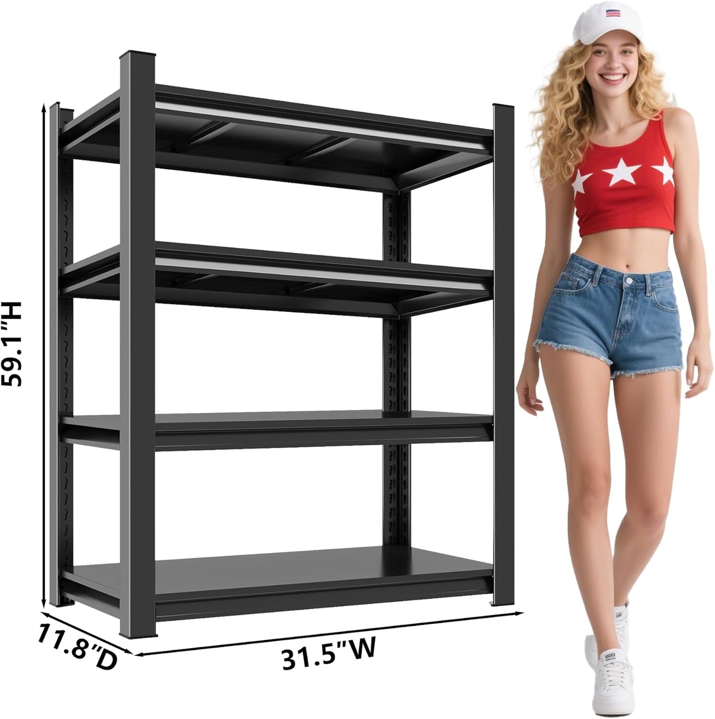 Metal Storage Rack Tier Height Free Adjustable Garage Tool Rack Load Capacity 3000lbs Industrial Storage Rack,Black,Garage,Kitchen,Bedroom,Garden (4-Tier59.1"H*31.5"W*11.8"D)