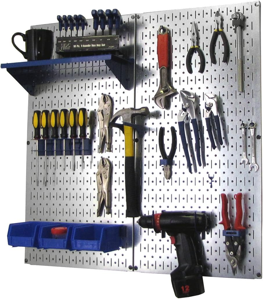 Wall Control Metal Pegboard Organizer Utility Tool Storage and Garage Pegboard Organizer Kit with Metallic Tool Board and Blue Accessories