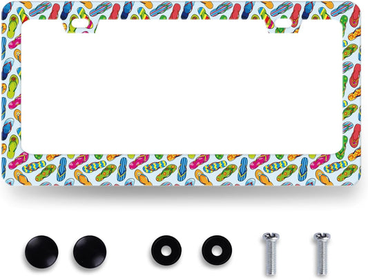 Flip Flops License Plate Frame Beach License Plate Holder Stainless Steel Colorful License Plate Car Accessory Funny License Plate Decoration Men Women Size 12.2" x 6.2" with Screws