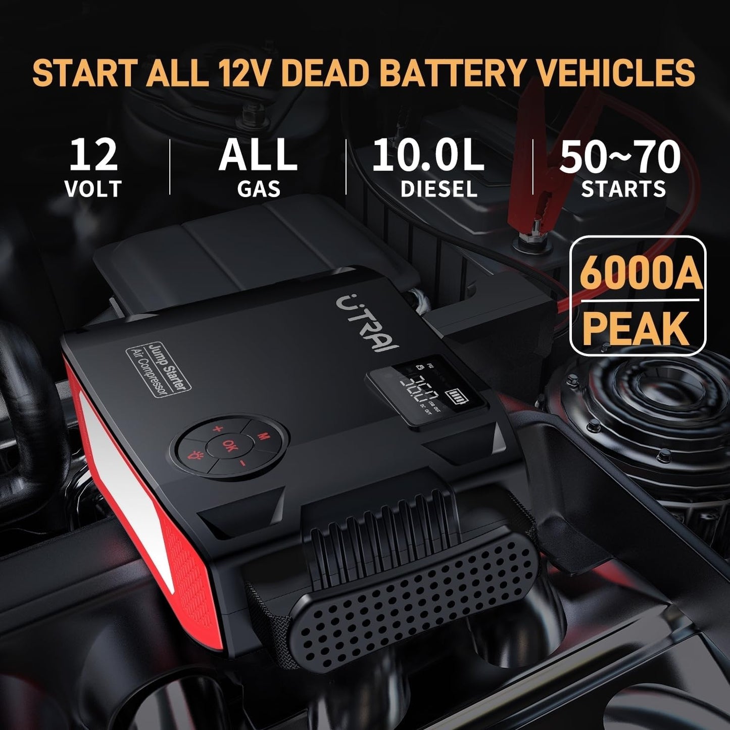 UTRAI Jump Starter with Air Compressor, 6000A 27000mAh Car Starter Jump Box with 150PSI Tire Inflator, Portable Jump Pack (All Gas/10L Diesel), DC160W, QC3.0 Jumper Cables, 1600LM Light
