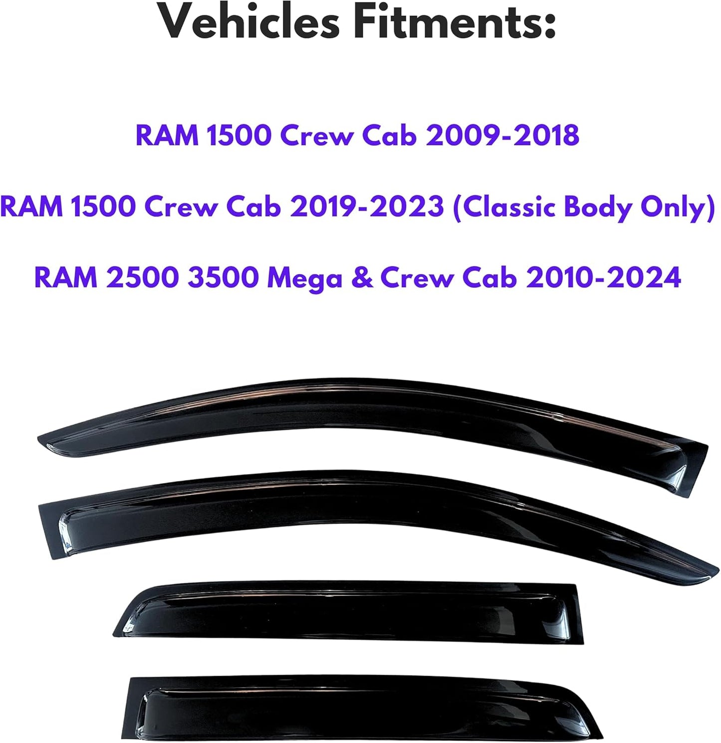 KPY Window Visor Compatible with 2009-2018 Ram 1500 Crew/Mega Cab, Rain Guard Vent for 2010-2024 Ram 2500 3500, 2019-2023 Ram 1500 Classic Body, 2011 2012 2013 2014 2015 2016 2017 2021 2022 2023