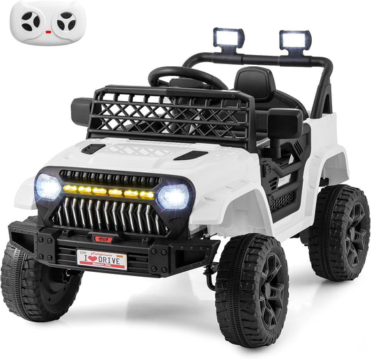 Costzon Kids Ride On Truck, 12V Battery Powered Electric Vehicles w/Remote Control, Spring Suspensions, 3 Speeds, Music, Lights, Wireless Connection, Ride on Car for Boys & Girls 3+ (White)