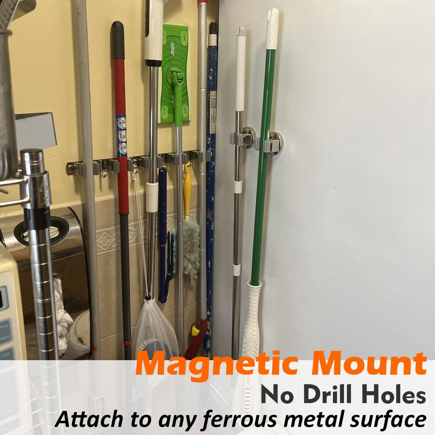 MUTUACTOR Magnetic Broom Holders,4pcs Sturdy Heavy Duty Magnetic Clips Wall Mount,10lbs No Drilling Anti-broken Magnetic Hooks Broom Mop Brackets for Work Cargo Garage Laundry Van Accessories