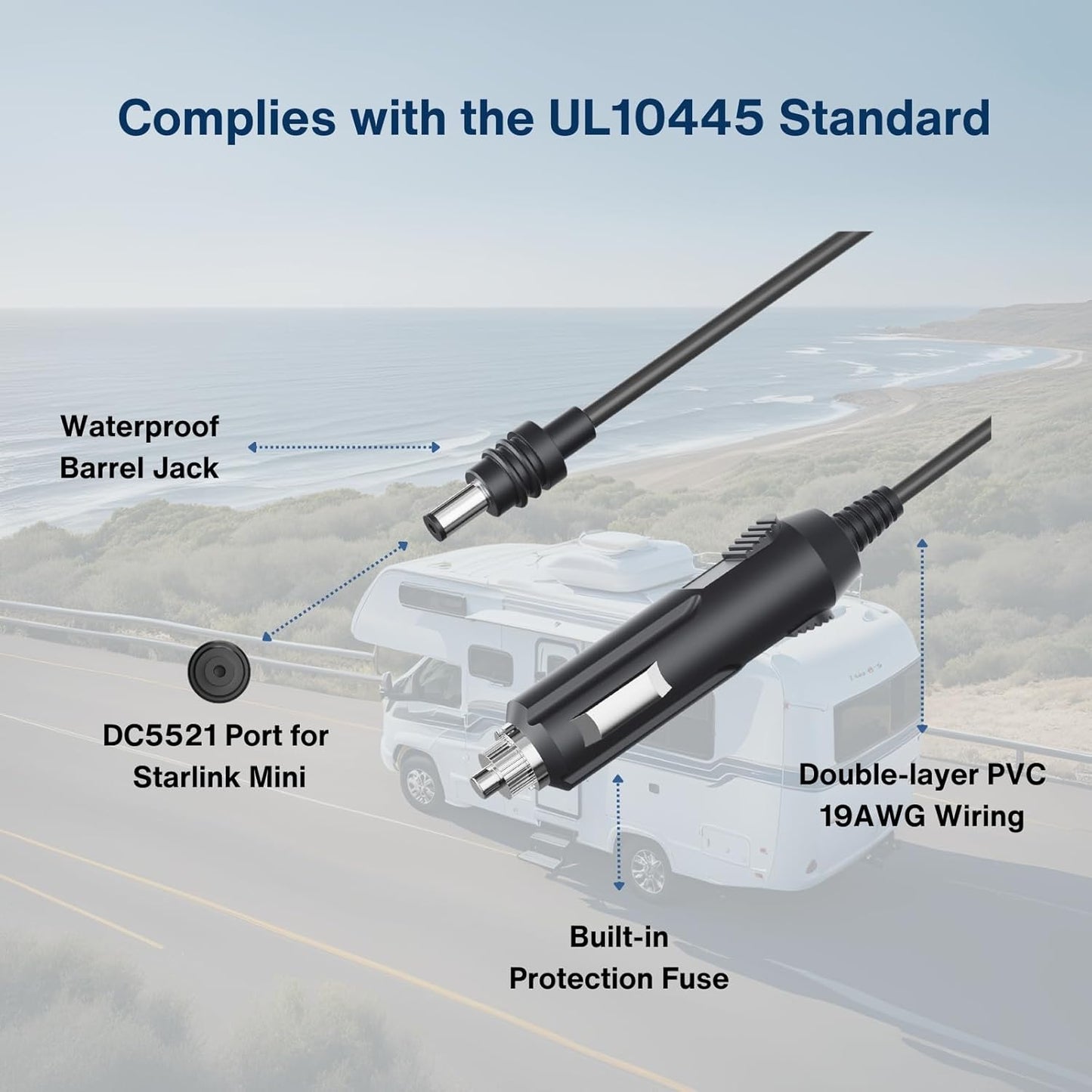 DC to Car Charger Power Cable for Starlink Mini 5M/16.5FT, 100W 20V/5A Output, Support 12~48V Cigarette Lighter, 19AWG Cord, Waterproof Barrel Jack for Outdoor Use, Car, RV, Truck, Boat