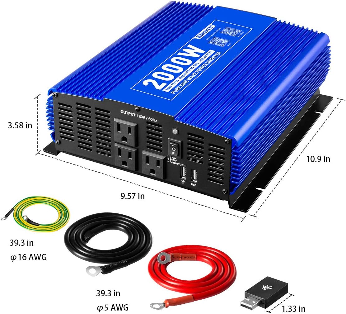 2000W Pure Sine Wave Inverter 12V DC to 110V AC Power Inverter for Home/Truck/RV/Camping/Boat/Off Grid Solar System Car Inverter with 3AC Outlets, 1 USB Port and APP Remote Control