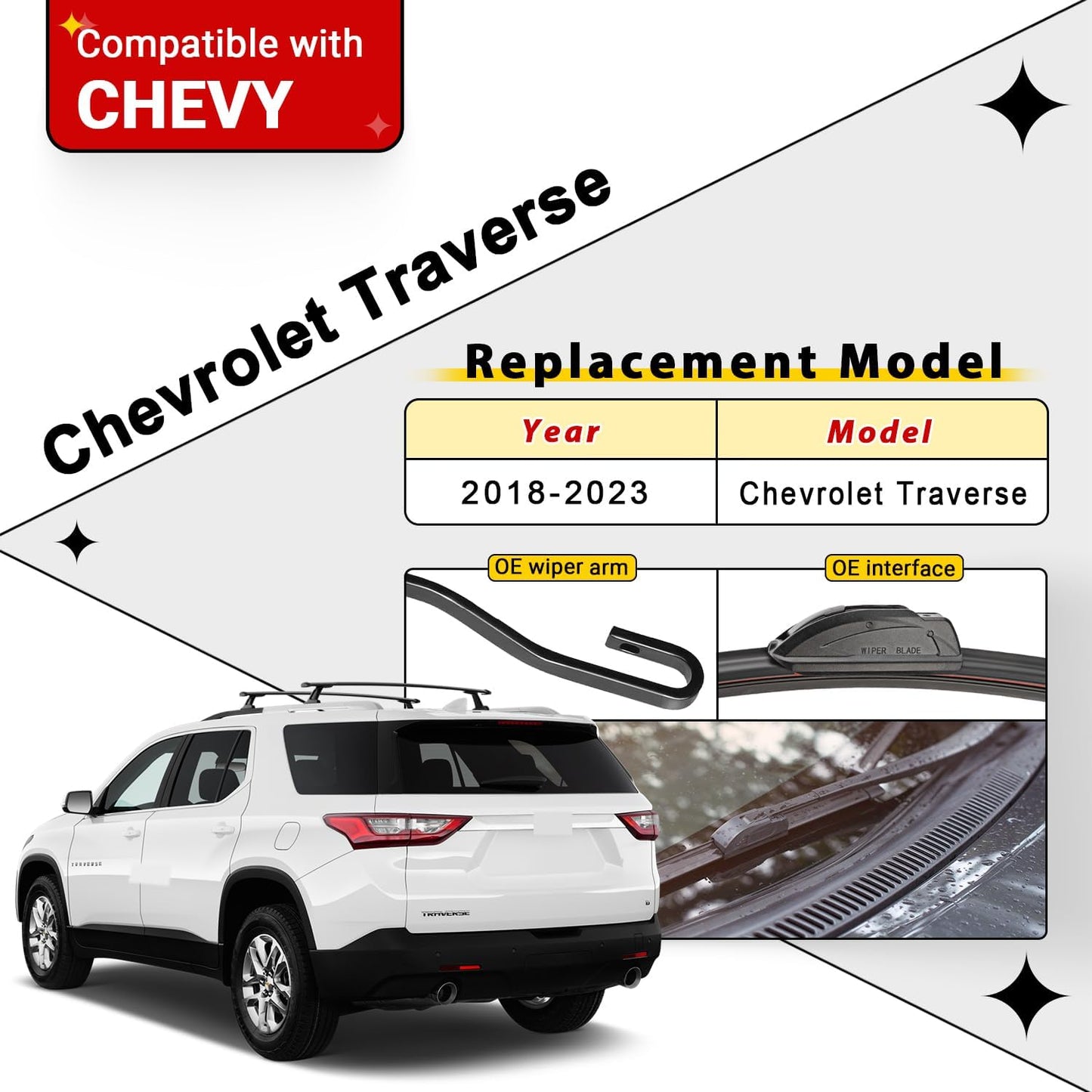 Windshield Wiper Blades Replacement for Chevy Chevrolet Traverse 2018 2019 2020 2021 2022 2023 Original Factory Quality Front Rear Wipers Blade Set for My Car - 24" 20" 10" (Pack of 3)