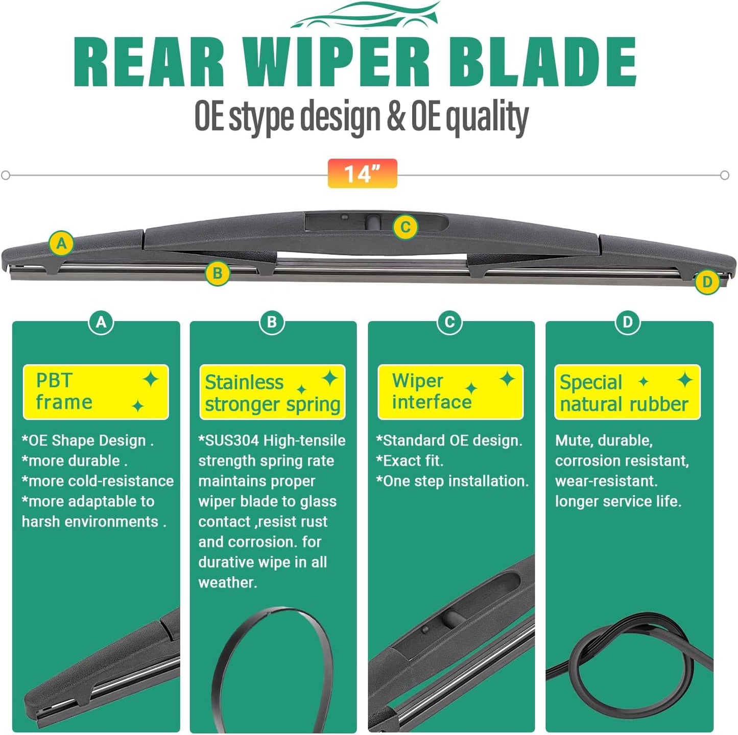 26" 19" 14" Windshield Wiper Blades Replacement for Subaru Outback Legacy 2010 2011 2012 2013 2014 / Nissan Murano 2003-2007 Premium All Weather Front Rear Wipers Set - OEM Quality (Pack of 3)