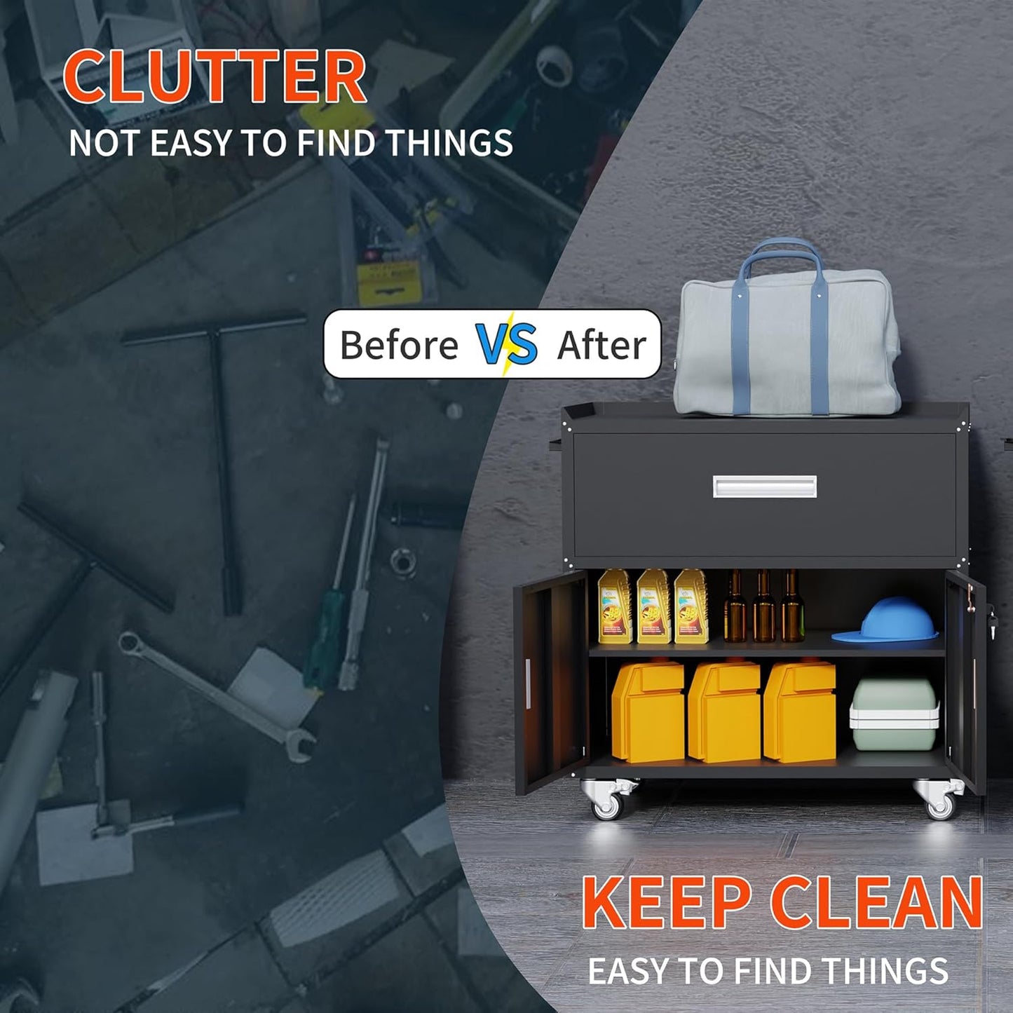 Metal Garage Storage Cabinet with Wheels ，Rolling Toolbox with Lockable Drawer, Utility Cabinet for Home, Office, Garage and Workshop (Black)