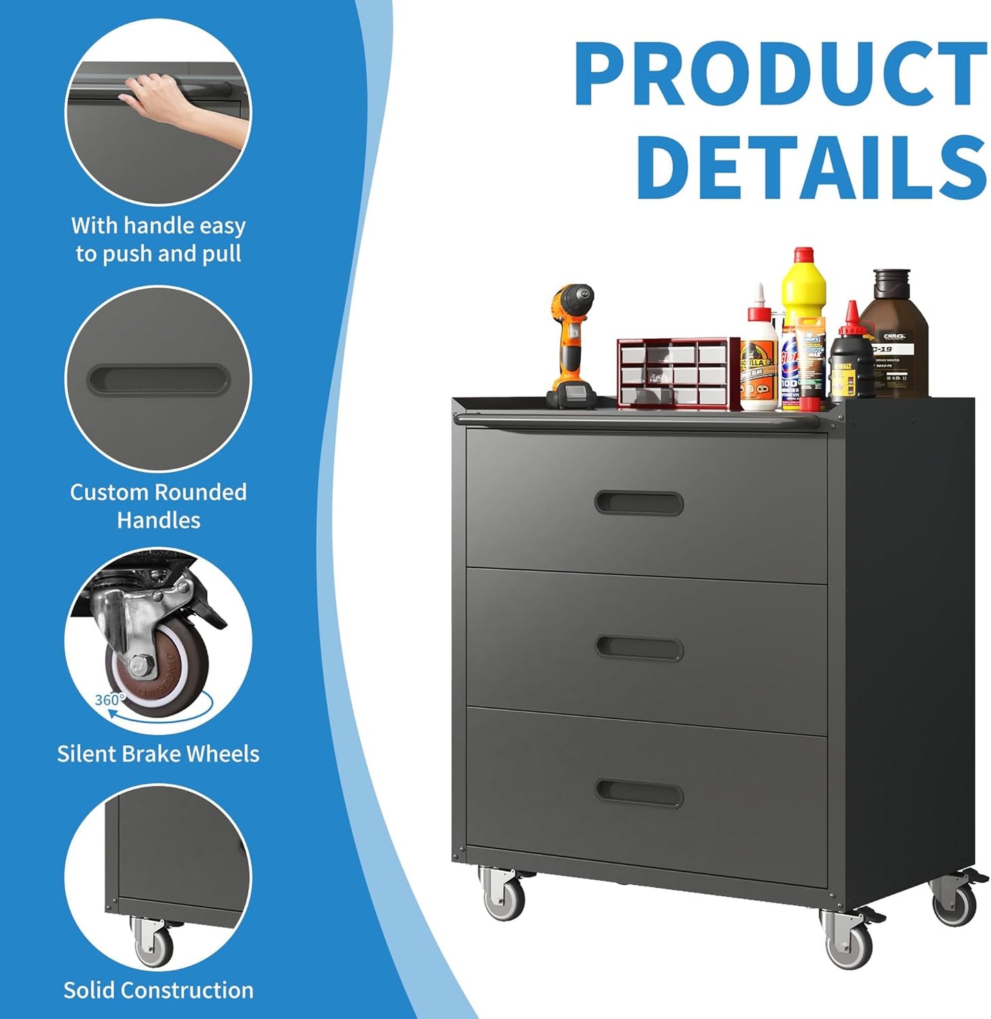 Metal Garage Storage Cabinet with Wheels,Locking Rolling Tool Cabinet with Drawers and Shelves for Home, Office, Garage & Workshop