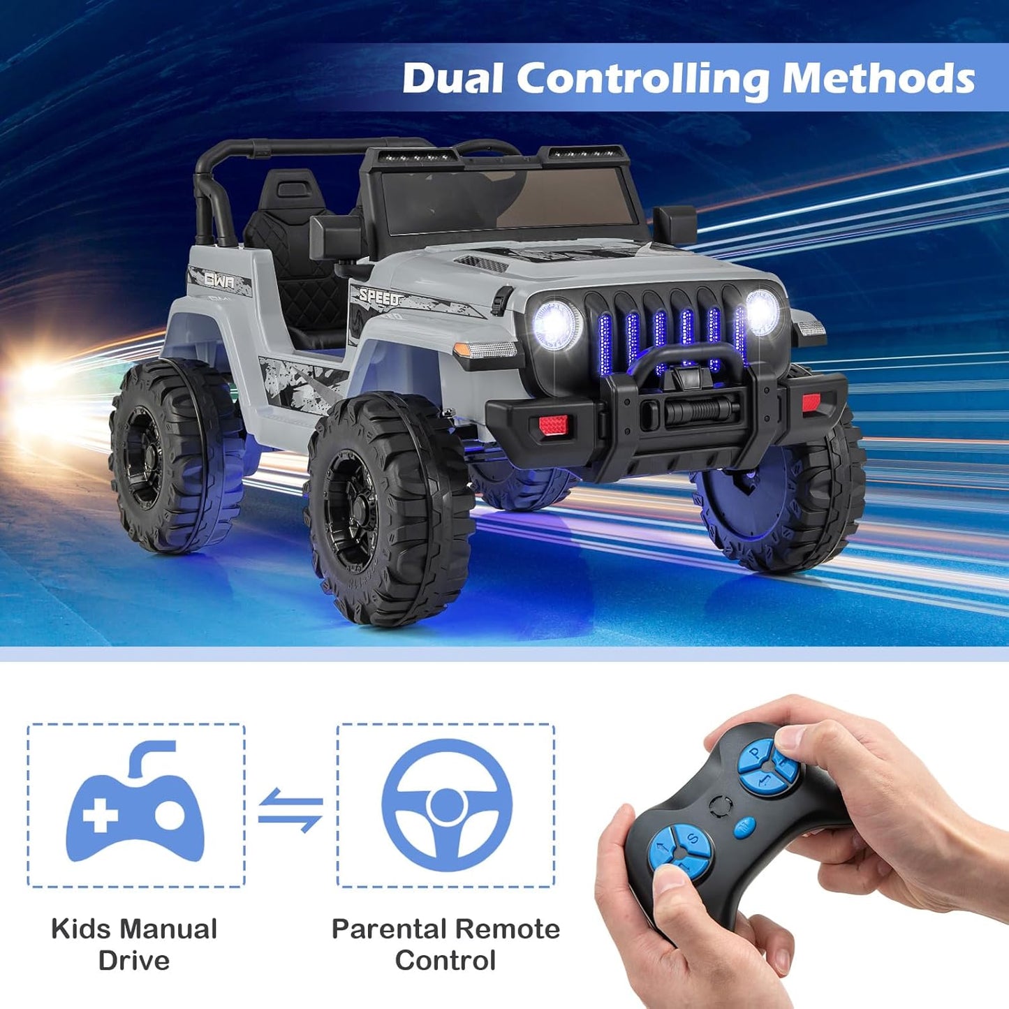 INFANS Kids Ride on Car Truck with 2.4G Remote Control, 12V Battery Powered Electric Cars for Kids w/3 Speeds, Battery Display, LED Lights, Safety Belt, Music & Horn, Bluetooth/FM/USB (Gray)