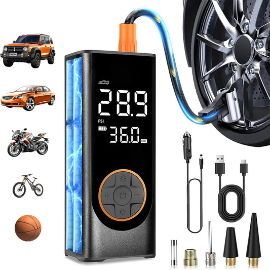 Tire Inflator Portable Air Compressor, 150PSI Cordless Air Pump for Car Tires, 4X Faster 12V DC Tire Pump with Tire Pressure Gauge, LED Light for Cars, Motorcycles, Bikes, Balls (Black)