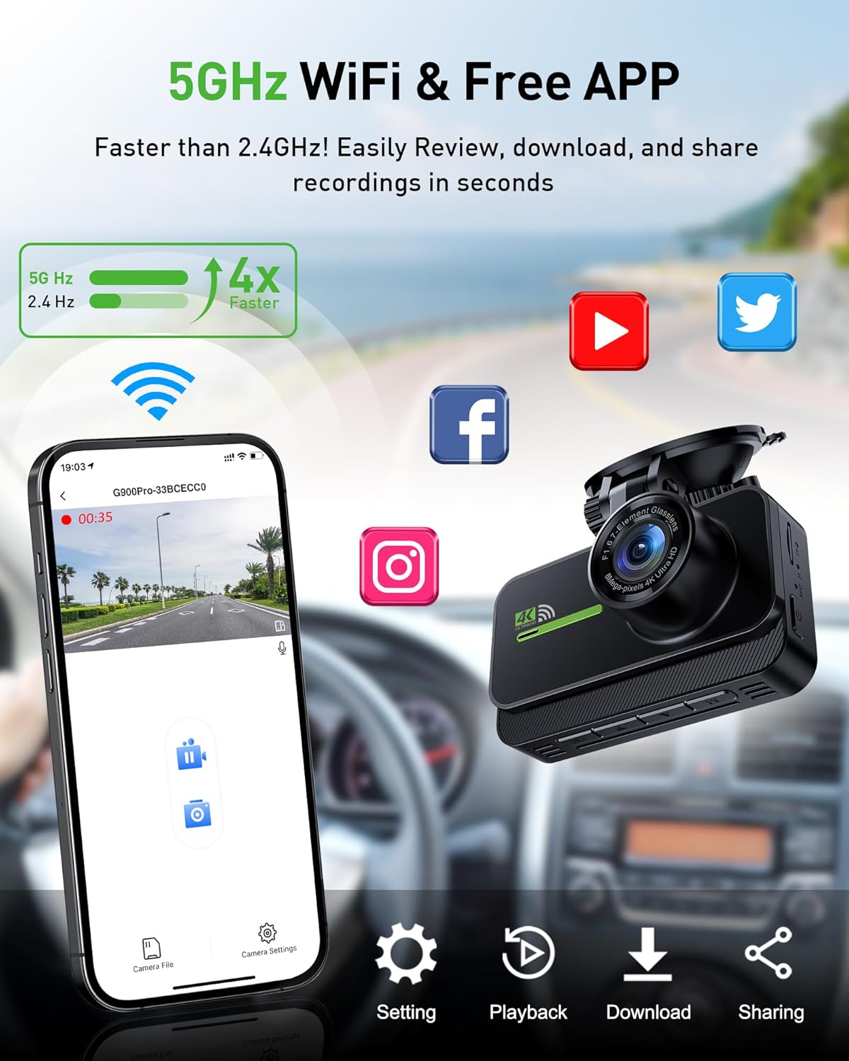 Dash Cam Front and Rear,4K+2K Dash Camera for Cars with STARVIS Sensor,Built in 5GHz Wi-Fi, Free 64GB Card Included, Dual Dashbord Dashcam,Night Vision,Emergency Lock, Parking Mode