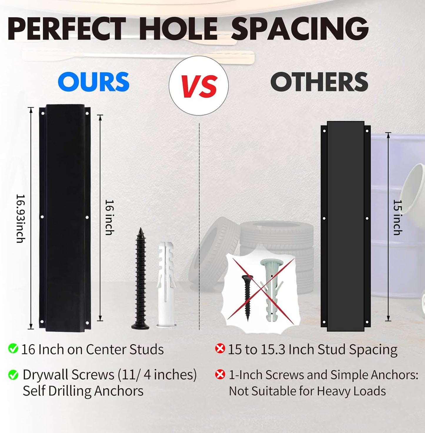 Garage Organization, 48 Inch Garden Tool Organizer Max Load 525 lb, Garage Tool Organizer Wall Mount with 7 Organization Hooks and Bike Hooks, Updated 16 Inch Studs Spacing