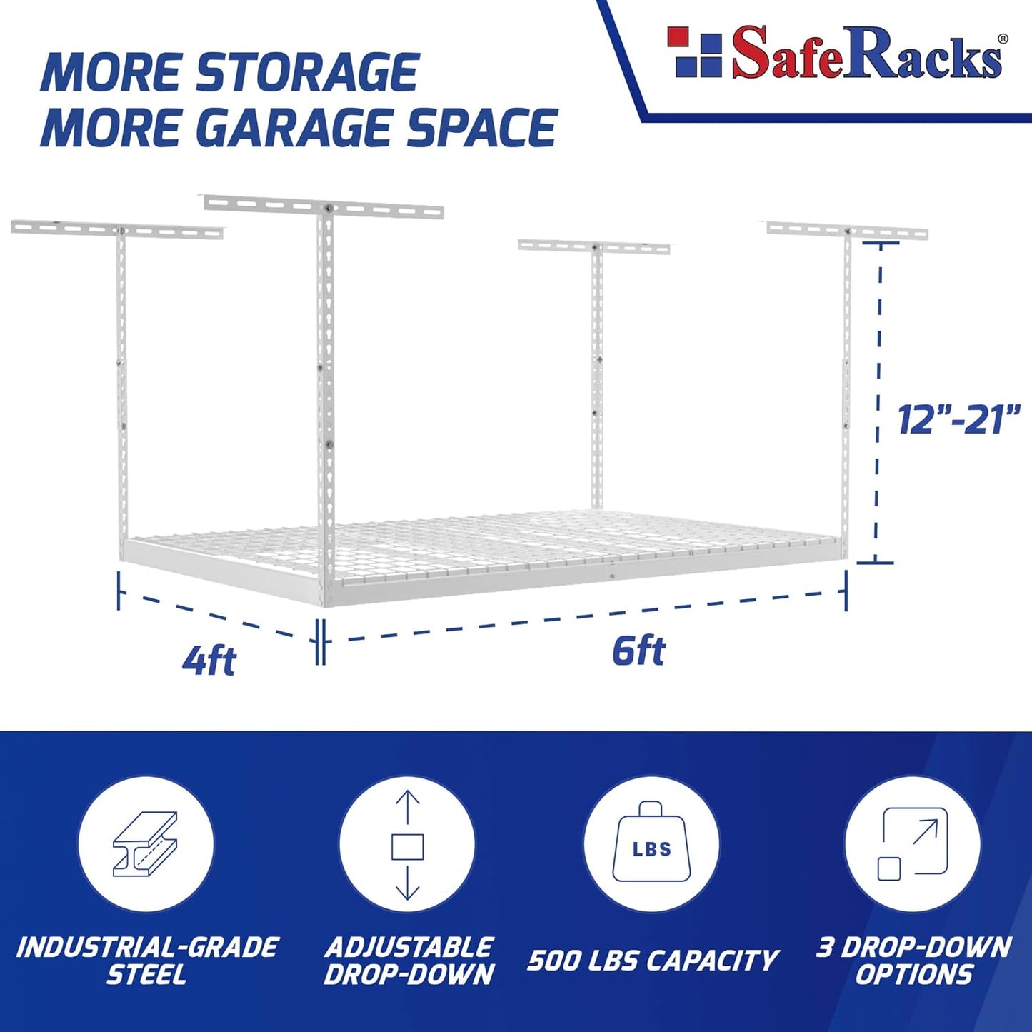 SafeRacks 4x6 Overhead Garage Storage Rack - Height Adjustable Steel Overhead Storage Rack - 500 Pound Weight Capacity (White, 18"-33")