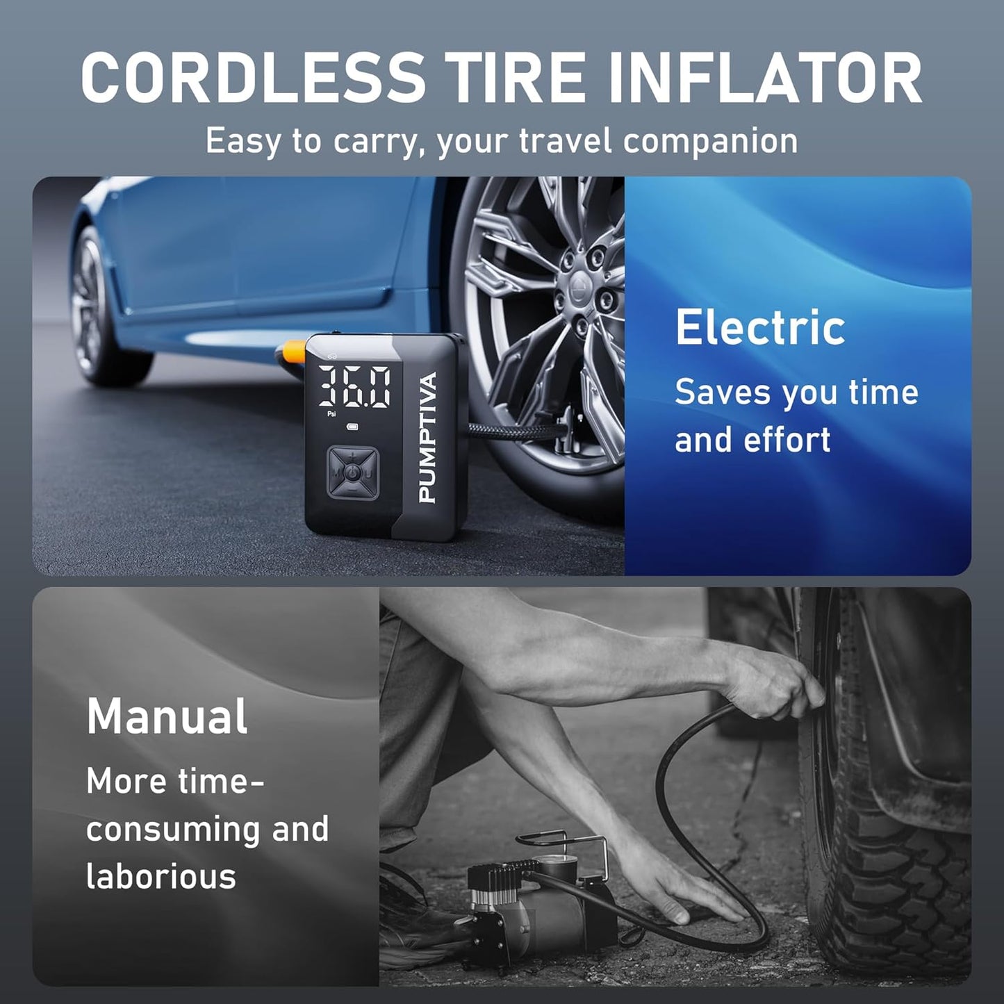 Tire Inflator Portable Air Compressor, 150 PSI Portable Electric Bike Pump Auto Shut-Off Cordless Car Tire Air Pump with Accurate LCD Display LED Light for Car, Motorcycle, Bicycle, Bike, Ball