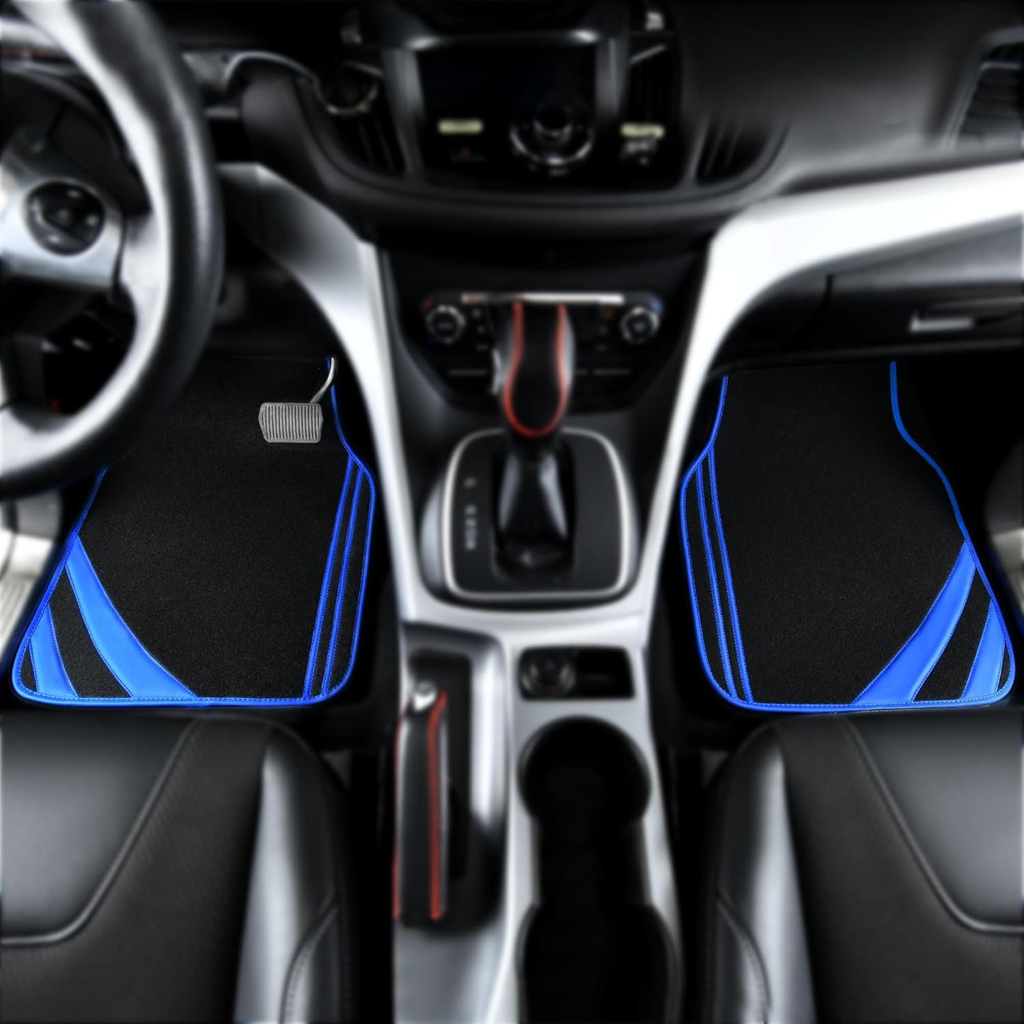 CAR PASS Faux Leather Car Mats Blue Edge Waterproof Car Floor Mats Car Carpet Mats 4 Pieces with Double Stitch Line Anti-Slip Backing Design, Universal Fit for Most Vehicles,SUVs,Sedan,Vans