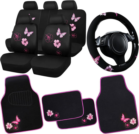 CAR PASS Universal Cloth Butterfly Car Seat Covers Full Set, Embroidered Flower Waterproof Car Floor Mats Carpet, Butterflies Steering Wheel Cover for Car Accessories Interior Sets (Black and Pink)
