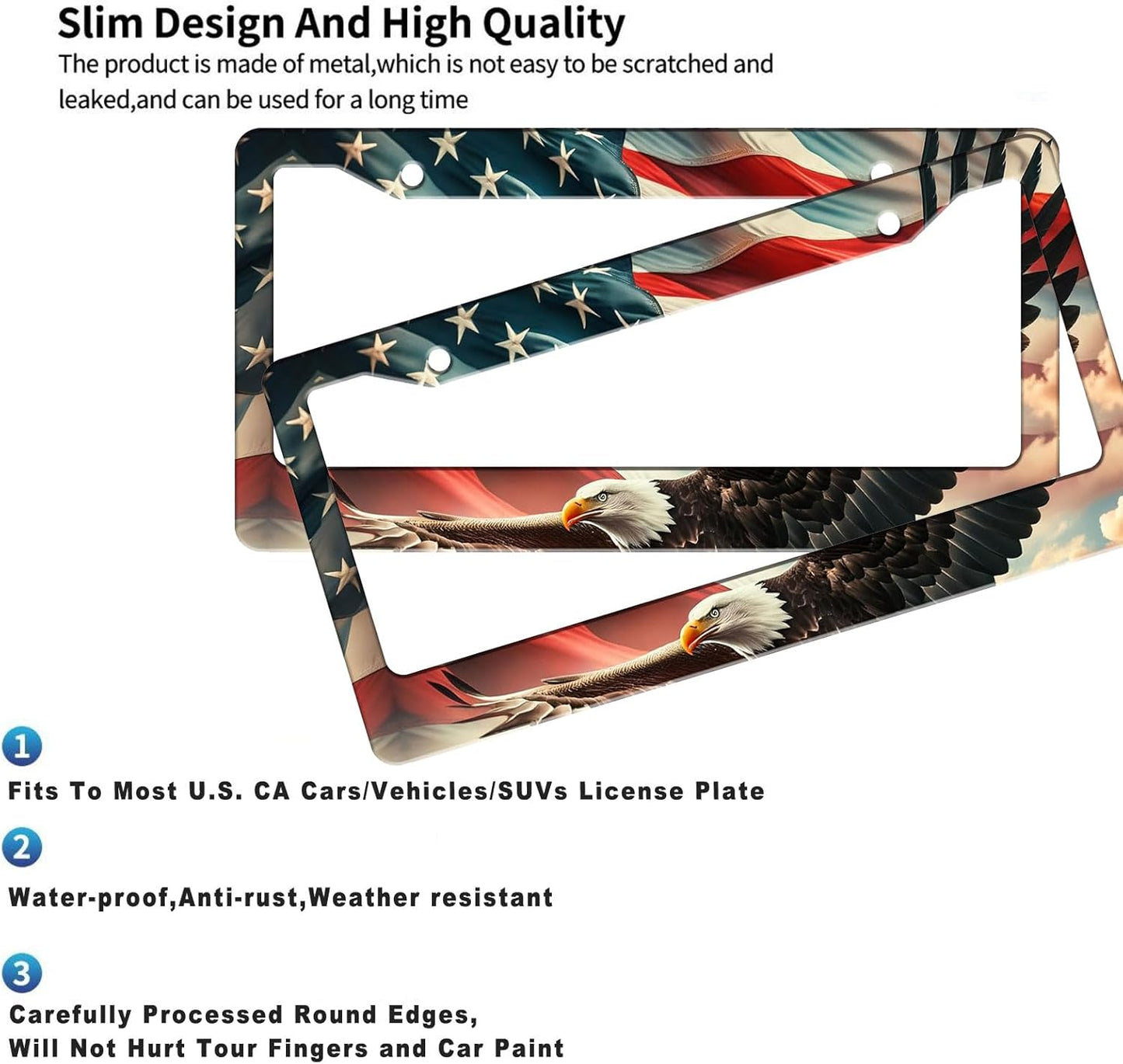 2 Pack US Flag Eagle Universal License Plate Frame - Heavy Duty Rustproof Aluminum Matte Black Car Tag Holder Bracket Fits All US States, Easy Install with Screws Included