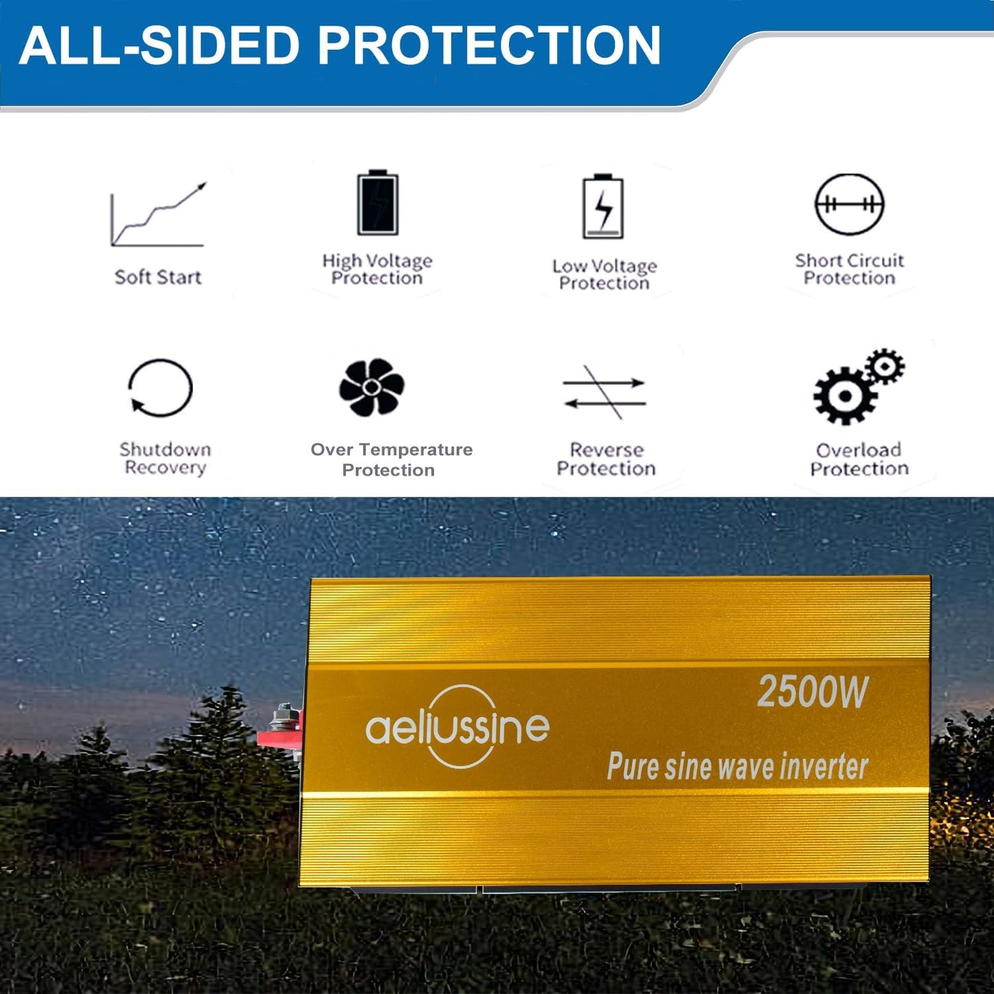 2500W Pure Sine Wave Inverter-36V DC to 110V 120V AC Power Converter with 2 AC Outlets, 36 Volt Power Inverter for Truck, Rv, Camping, Home, Emergency Power