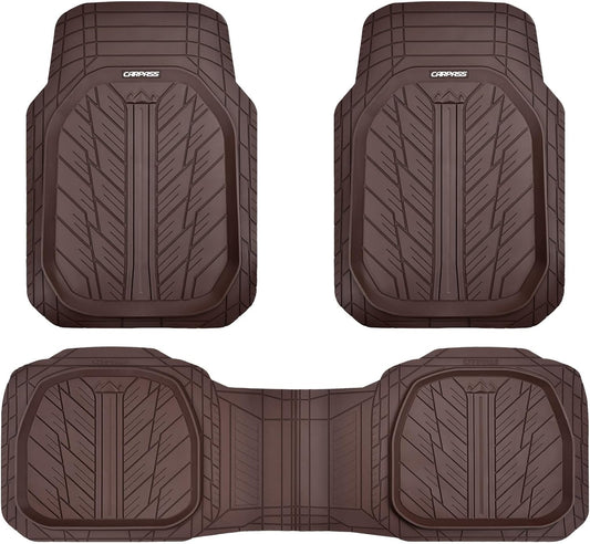 CAR PASS DeepDish Floor Mats for Cars Full Set,Heavy Duty Rubber Car Mats 3-Piece,Universal Waterproof Trim-to Fit Automotive Floor Mats for Truck Van SUV, Durable All-Weather Car Mats(Solid Browm)