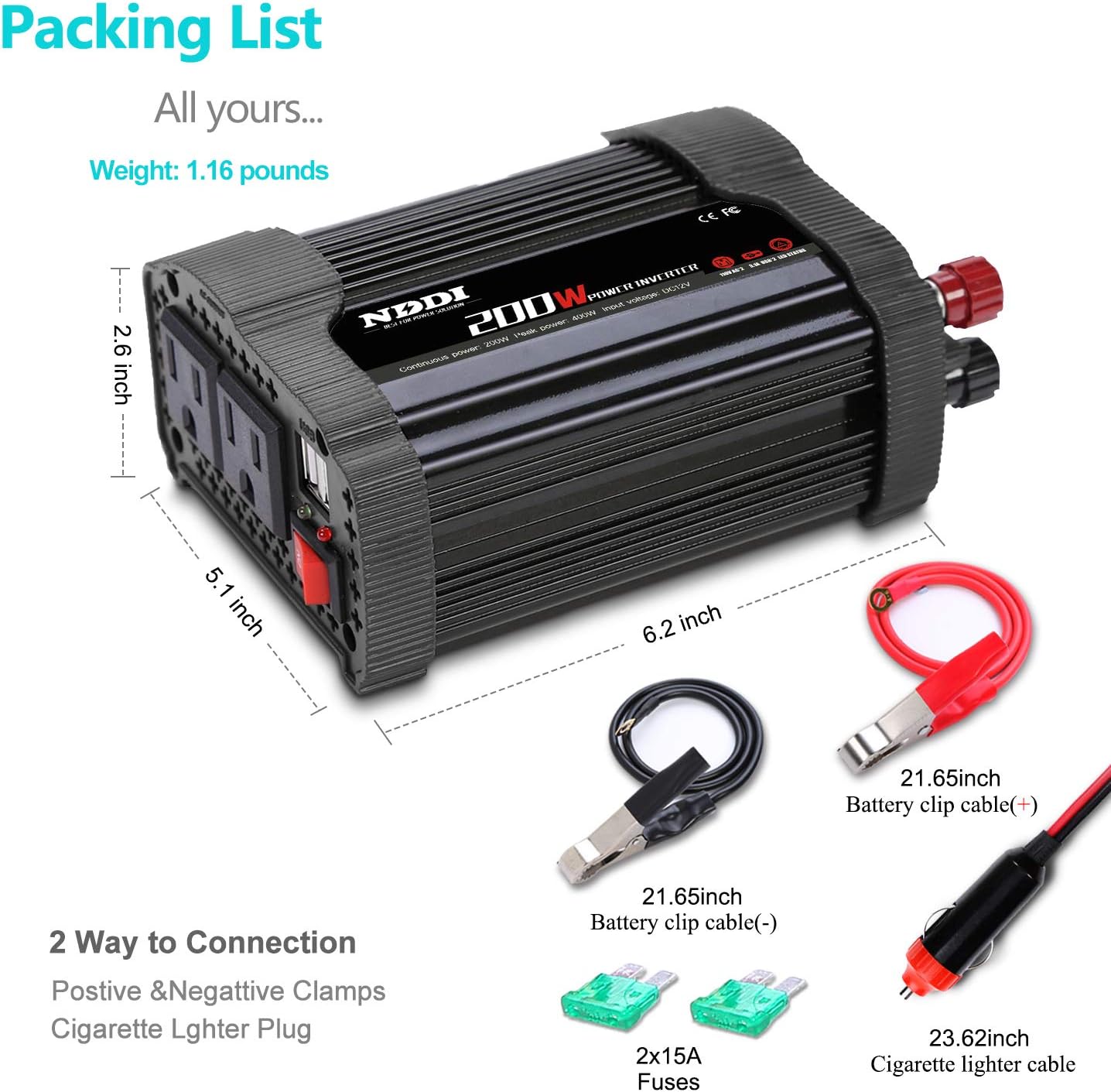 NDDI 200W Car Power Inverter 12V DC to 110V AC Converter with 3.1A Dual USB Quick Car Charger Adapter(Black)