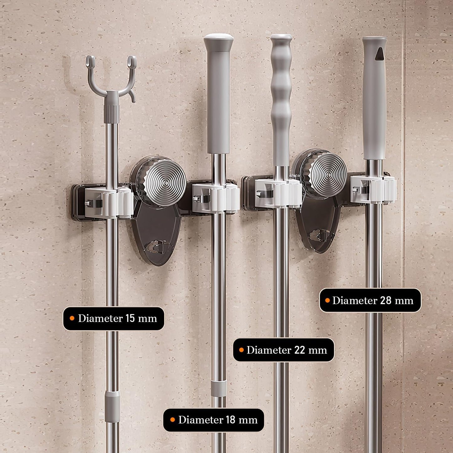 2PCS Broom Holder Mop Hanger,No punching required Broom Hanger Organizer,Broom Holder Wall Mountfor Bathroom, Kitchen, Office,Utility Room,Laundry Room(White+Gray)