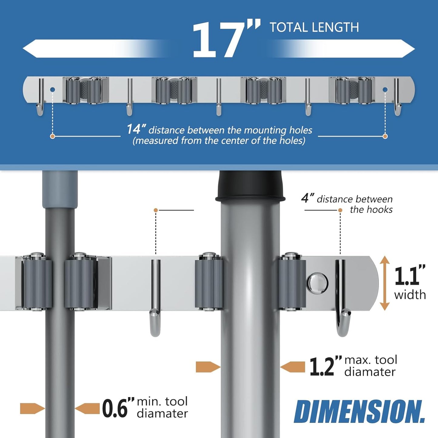 Wall Mounted Broom and Mop Organizer, Heavy Duty Stainless Steel Storage Rack for Brooms, Mops, Tools Space Saving Home Garage Organization (4 Racks with 5 Hooks)