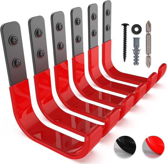 4 Inch Garage Hooks, 6 Pack Heavy Duty Wall Hooks for Hanging, Ladder Hangers for Garage Wall Mount, Steel J Utility Garden Hose Holder Tool Organizers and Storage(55lbs)