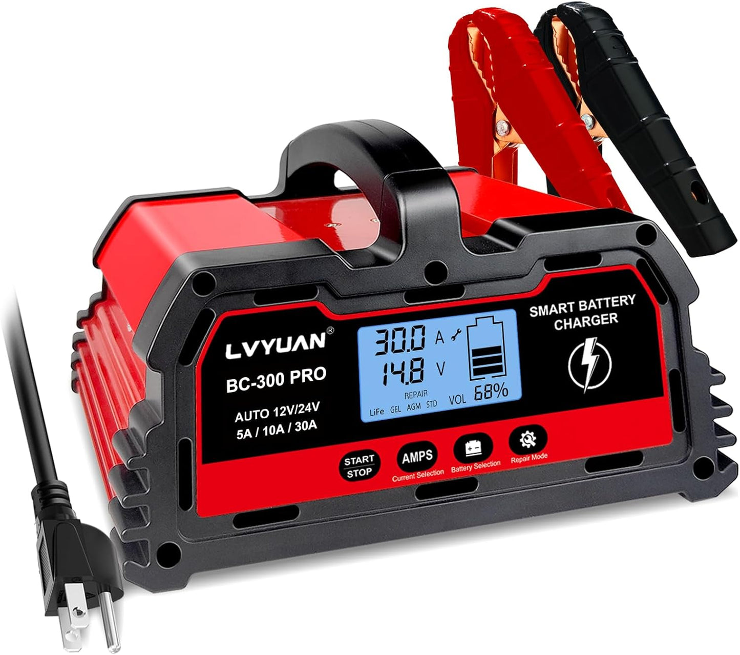 LVYUAN 30Amp Smart Car Battery Charger, 12V/24V Automotive Charger, Lead-Acid Battery, LiFePO4 Battery Maintainer with LCD Display, Trickle Charger, for Lawn Mower, Motorcycle, AGM, STD, Gel, EFB,etc