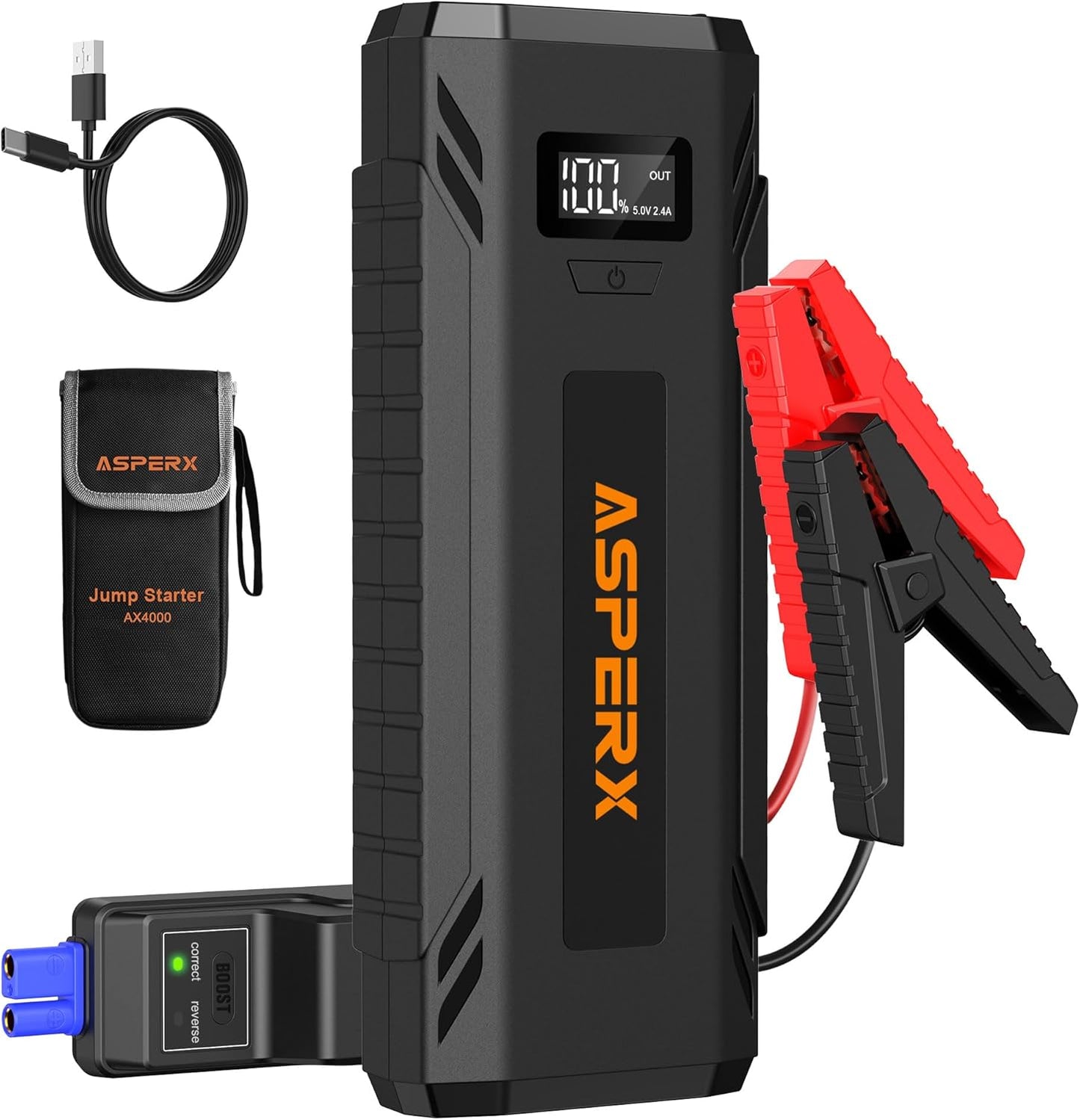 AsperX Car Jump Starter, 4000A Peak Battery Starter for All Gas or 10.0L Diesel Engines, 12V Battery Starter, Jump Box with USBA, Lithium Battery Booster with Built-in LED Light