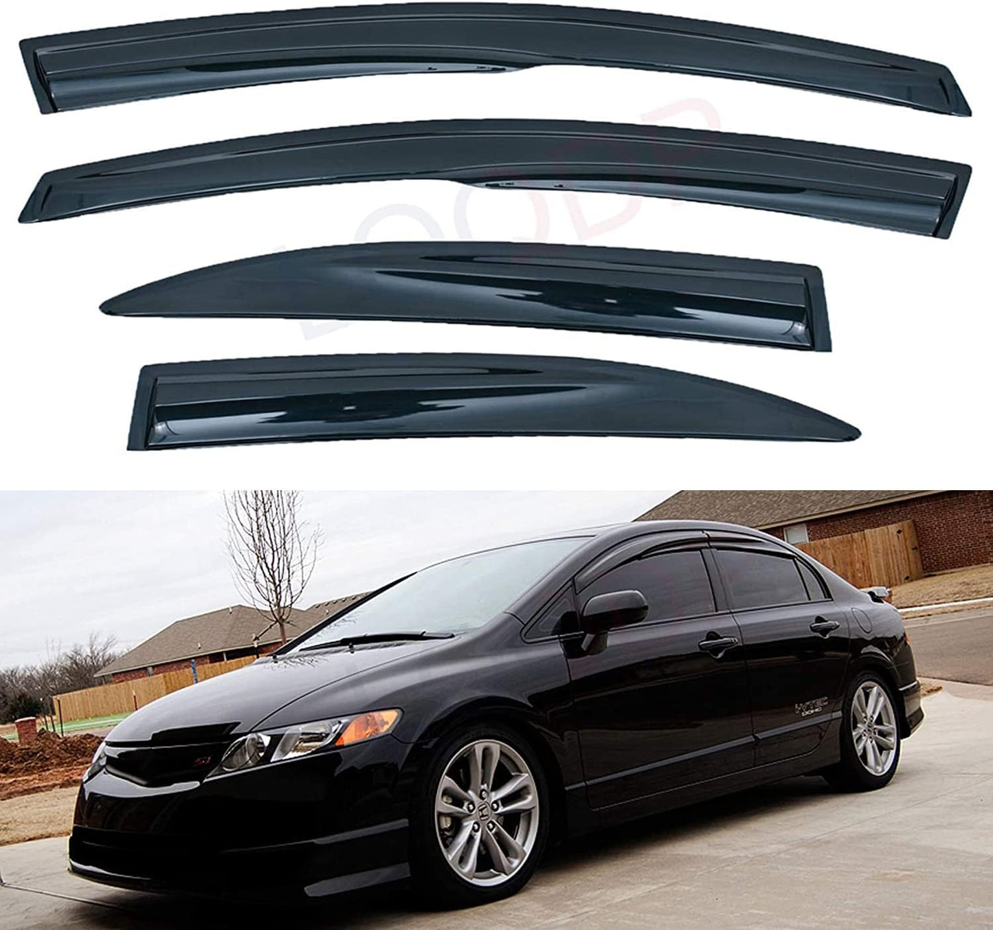 Set of 4 JDM 3D Wavy MU Style Front+Rear Smoke Sun/Rain Guard Outside Mount Tape-On Acrylic Window Visors Compatible with 06-11 Civic 4-Door Sedan