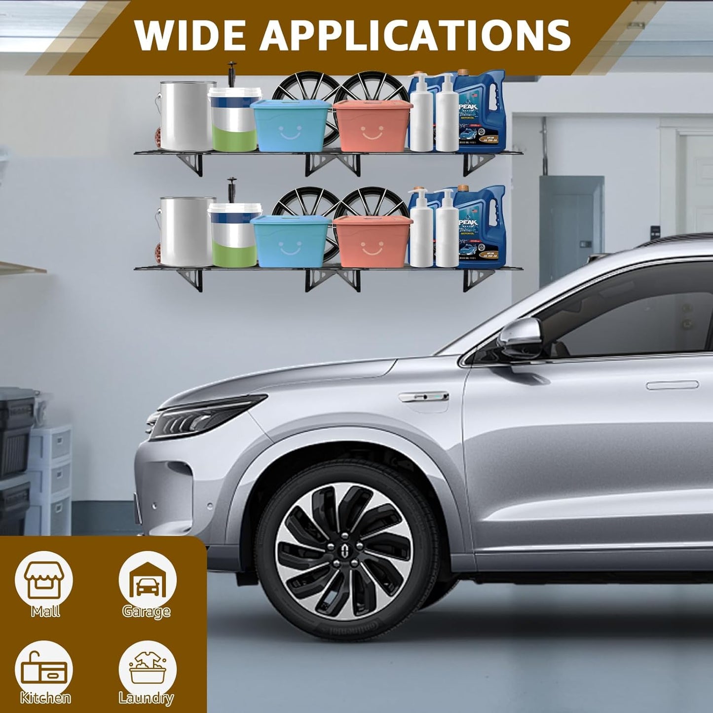 2 Pack 2x6 FT Garage Shelving Wall Mounted, 24x70 inch Floating Shelves, Heavy Duty Storage Rack, Black 440lbs Each Floor Bearing