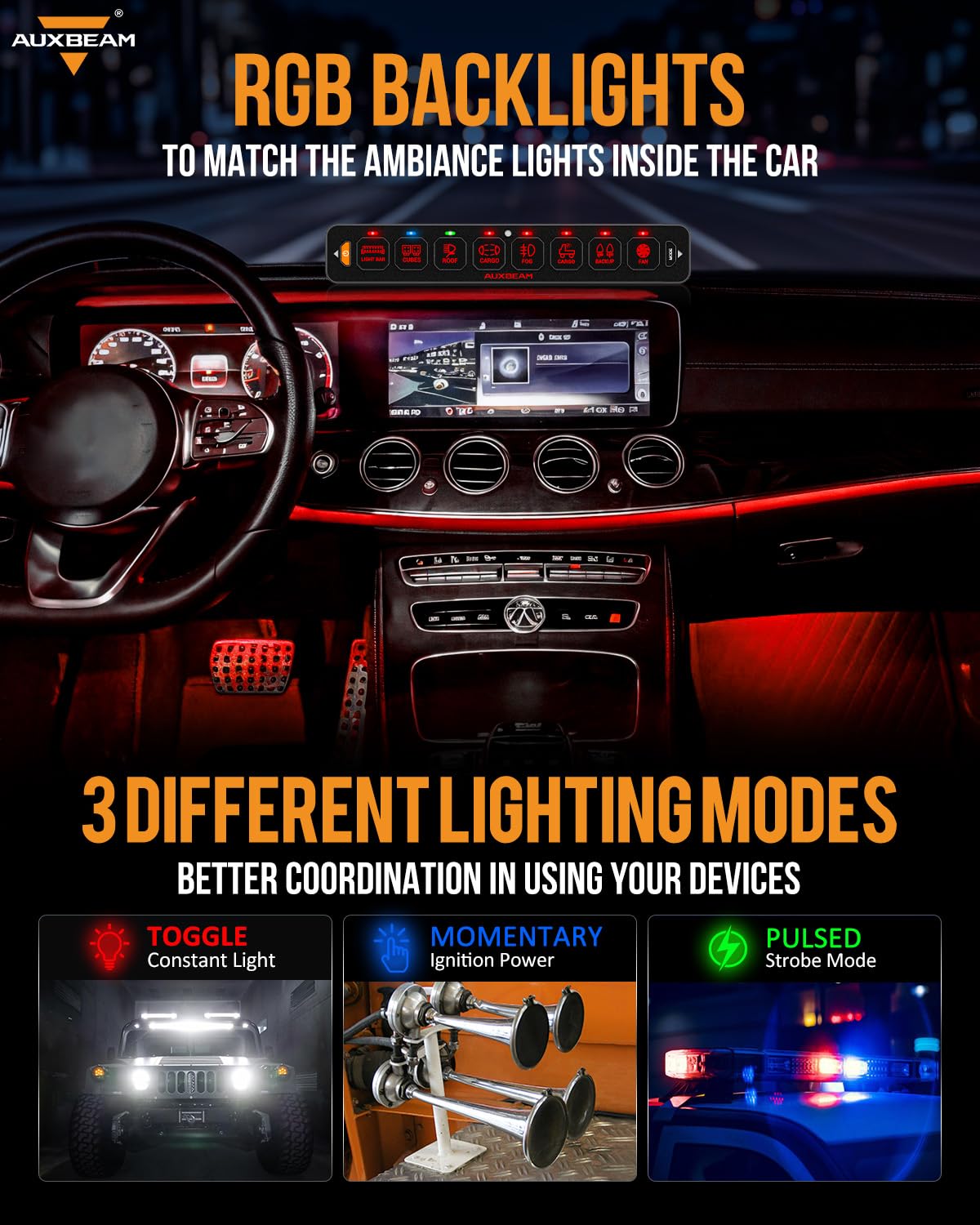 Auxbeam 8 Gang Slim Switch Panel Bluetooth RGB AS-800 with APP&Remote Control Toggle Momentary Pulsed 80A Switch Pod Off Backlight for 12-24V Truck Offroad UTV ATV Car Marine, 2 Years Warranty