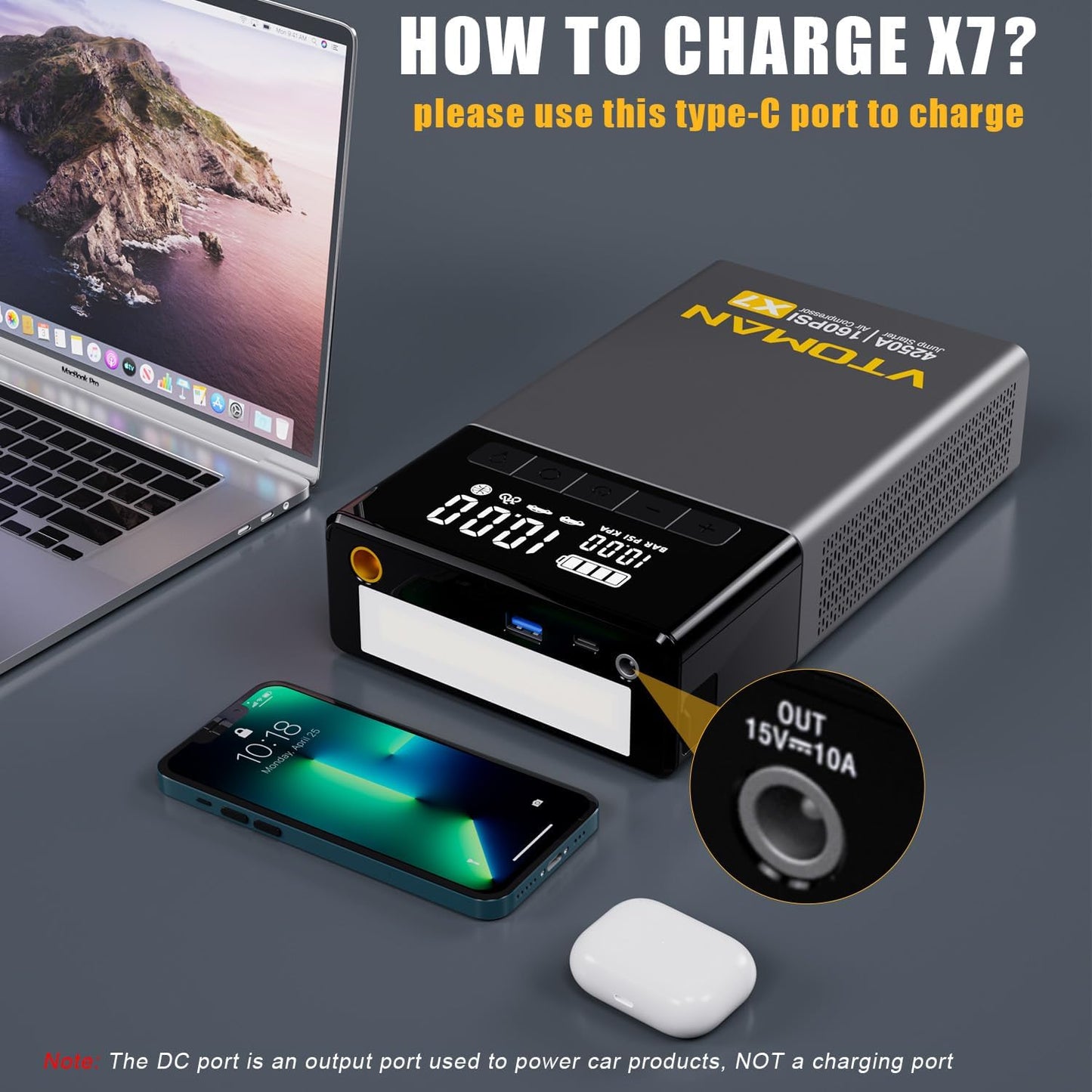 VTOMAN X7 Jump Starter with Air Compressor, 4250A Portable Car Starter (Up 10L Gas/10L Diesel Engine) with 160PSI Digital Tire Inflator,12V Lithium Battery Charger Booster Box with Jumper Cables