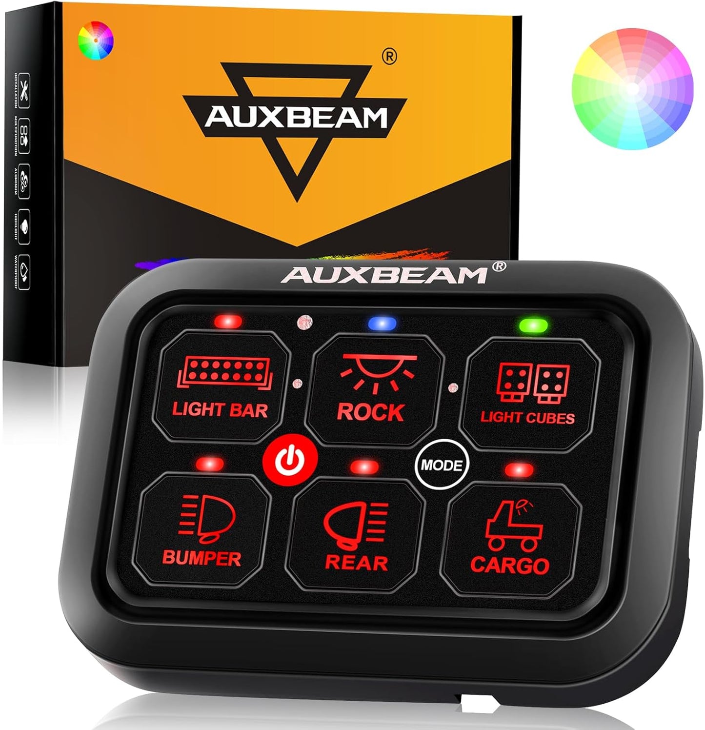 Auxbeam 6 Gang Switch Panel RA60 Toggle Momentary Pulsed RGB Dimmable Switch Panel Multifunction Switch Panel Built in Solid State Relay Marine Control Panel Waterproof for Car Boat, 2 Years Warranty