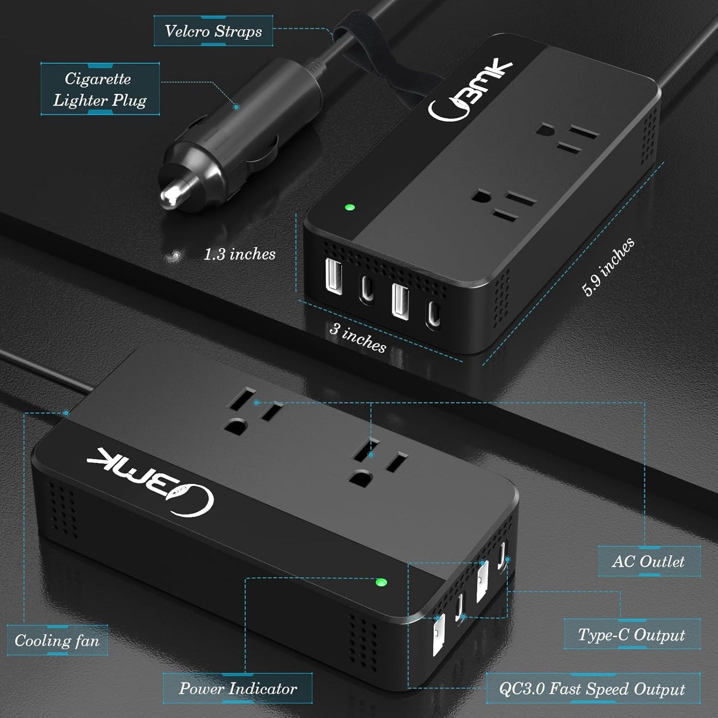 BMK 200W Car Power Inverter DC 12V to 110V AC Car Inverter 4 USB Ports Charger Adapter Car Plug Converter with 2 QC3.0 USB and 2 Type C Ports (Black)