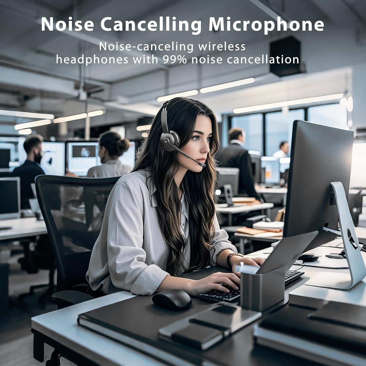 Wireless Headset，Bluetooth Headset with Microphone Noise Cancellation Wireless Headphones with USB Dongle Connection and Microphone Mute for PC/Laptop/Smartphone/Teams/Home