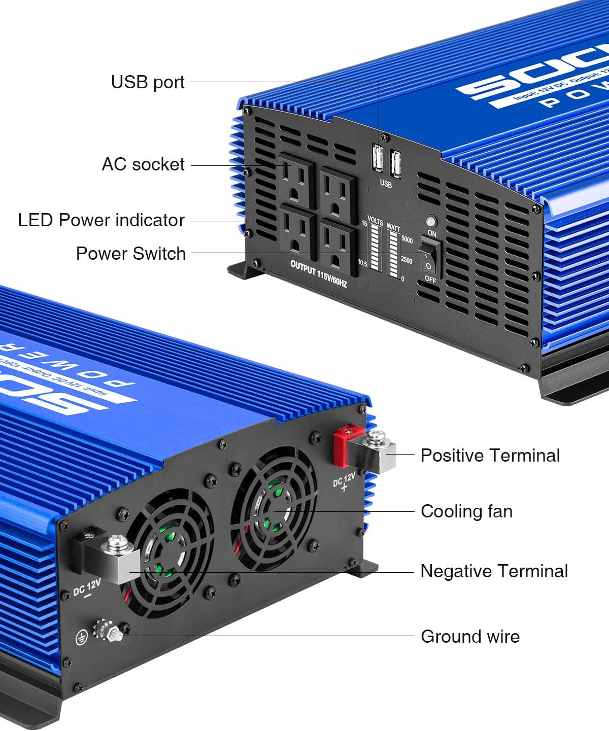5000W Power Inverter 12V to 110V Car Inverter with 4AC Outlets 2USB Ports for Camping/Truck/RV/Home