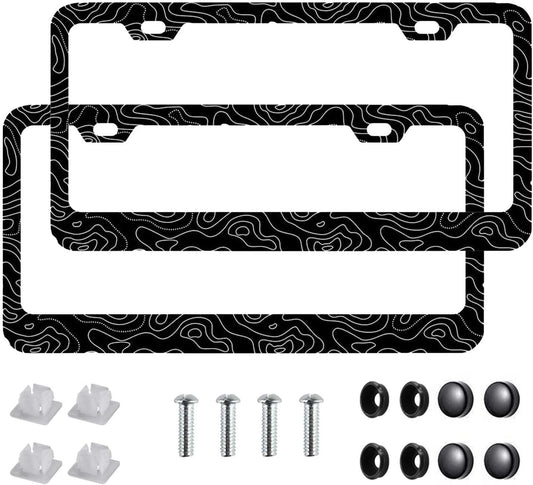 Topographic License Plate Frame-2 PCS Topography | Map | Exploration | Discovery License Plate Holder Cover Car Universal Accessories Aluminum Car Tag Frames Fits Standard US Vehicles Size
