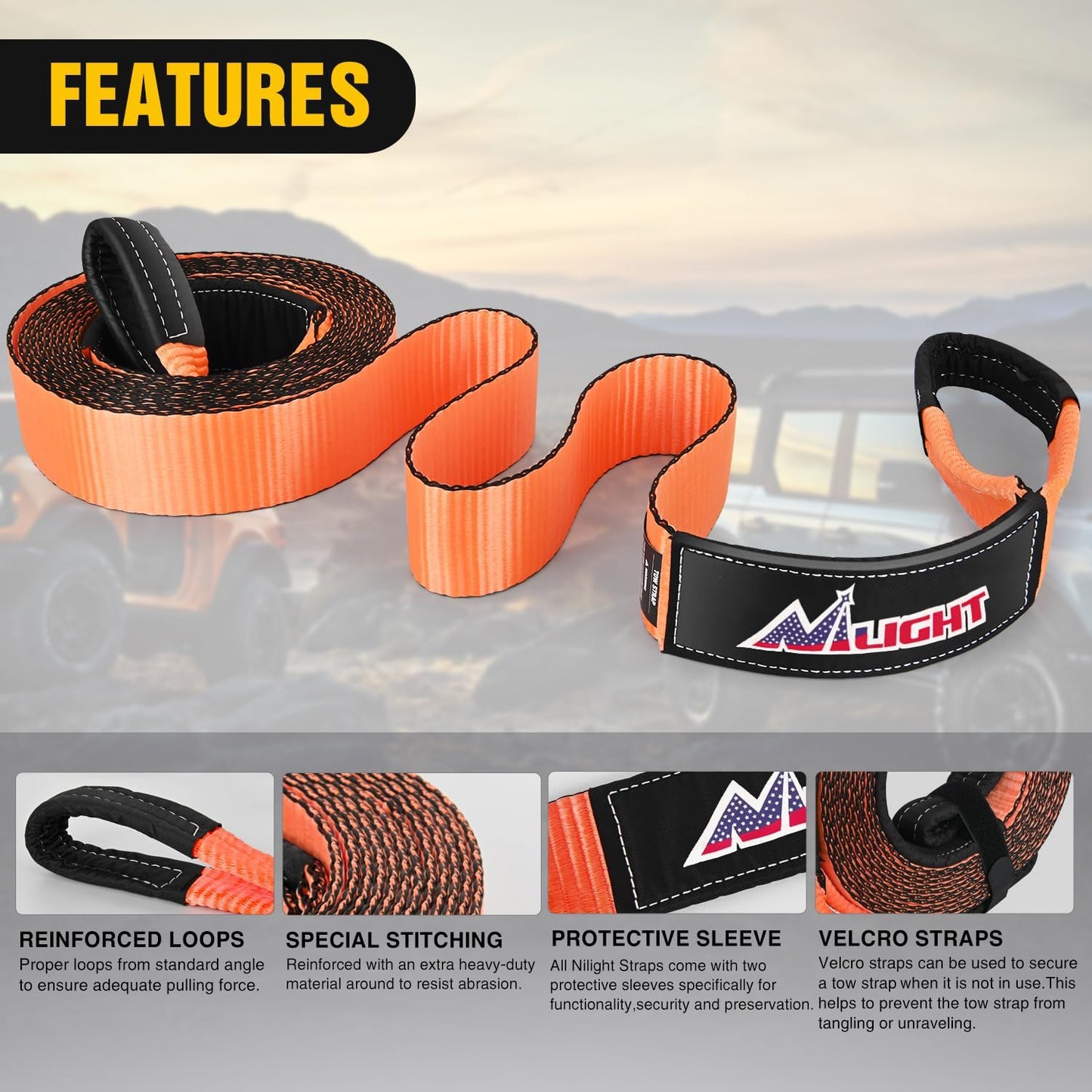 Nilight 3" x 20' Recovery Tow Strap Lab Tested 31,500lbs Break Strength Heavy Duty Off Road Straps with Triple Reinforced Loop Emergency Towing Rope of Mind for SUV, UTV, ATV, Truck, 2 Years Warranty