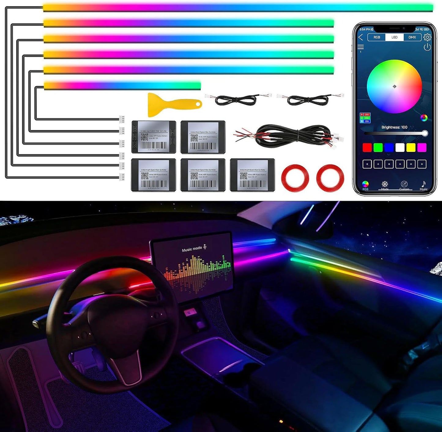 Dream+Color Acrylic Interior Car LED Strip Light with Wireless APP, RGB 6 in 1 with 175 inches 593 LEDs Fiber Optic Strip Lights for Car, Dynamic Chasing Music Sync Neon Ambient Lighting Kits