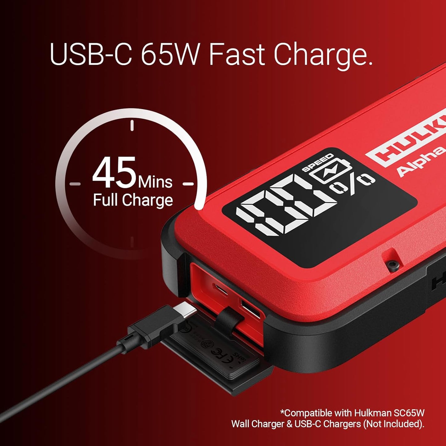 Hulkman Alpha, Ultra Red, 1000A 37Wh Battery Jumper Starter Portable, 12V Modern Car Jump Box with Jumper Cables, for 6.5L Gas/3.0L Diesel Engines, 65W Fast Charging, IP65 Rated, Large LED Display