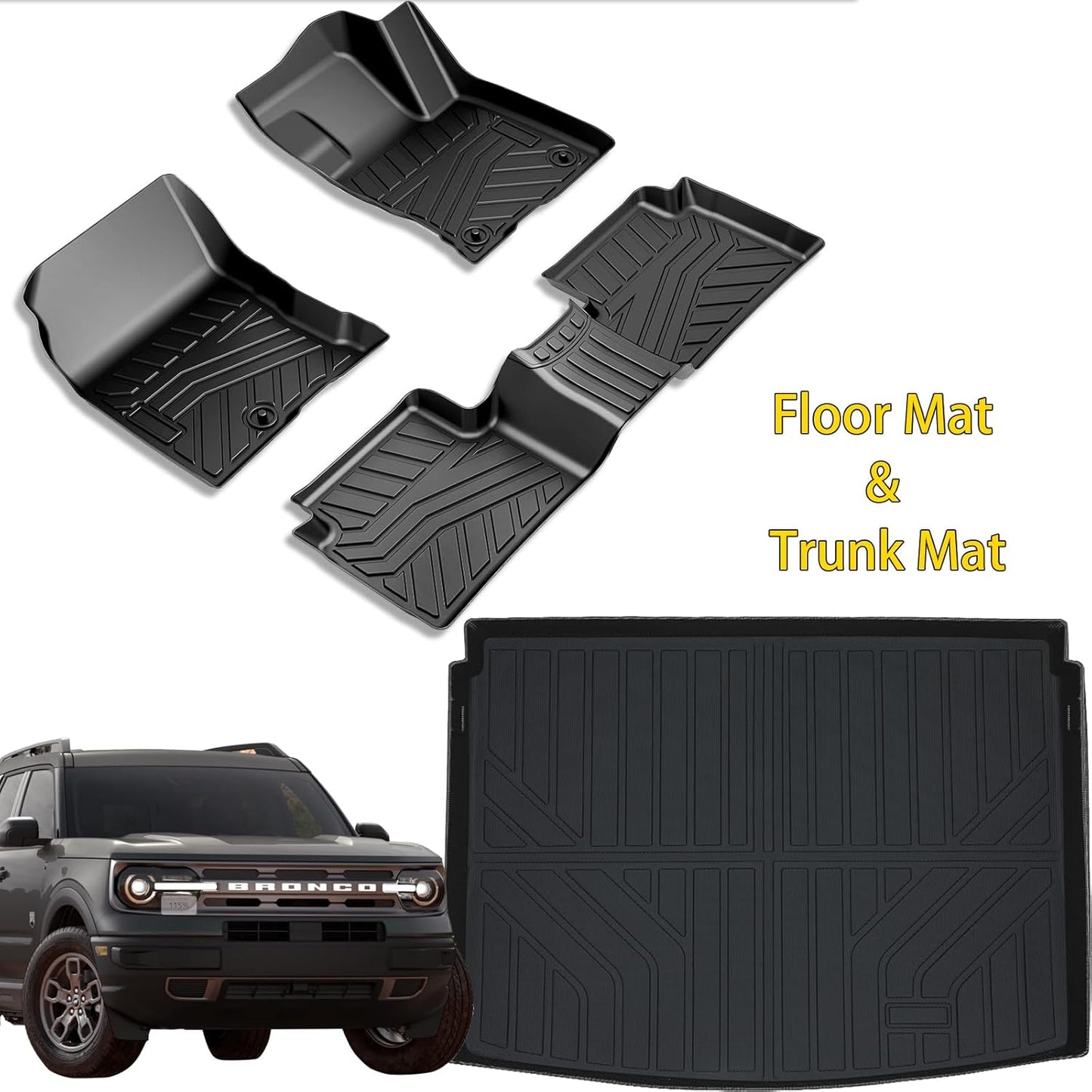 Floor Mats & Trunk Mat for 2021-2024 2025 Ford Bronco Sport Only Fit Sport Version(Non Hybrid) TPE All Weather Protection 2 Rows Car Floor Liners with Cargo Liners Accessories