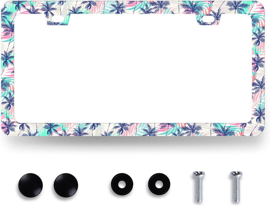 Plam Trees License Plate Frame Hawaii Tropical Leaves License Plate Holder Funny License Plate for Car Decoration Stainless Steel Colorful Auto Parts with Screws for Men Women 12.3" x 6.3"