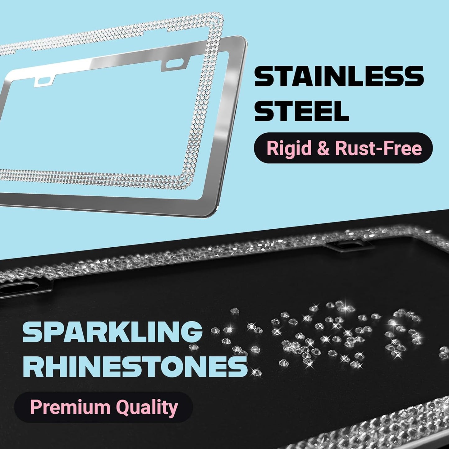 Dazzling Bling License Plate Frames for Women - 2 Pack, 1600 Premium Rhinestones, Rust-Free Stainless Steel, Street Legal Slim Design, Sparkly Diamond Car Tag Holders with Glitter Crystal Screw Covers
