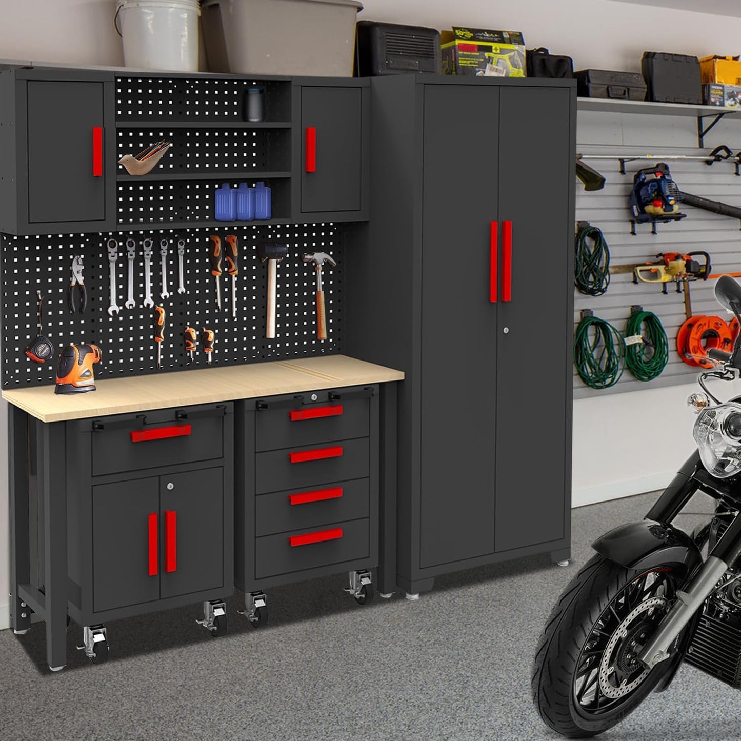6-Pcs Garage Storage Cabinet System: Workshop Set with Steel Cabinet Drawers, Rolling Chest, Workbench, Pegboard for Tool Organization