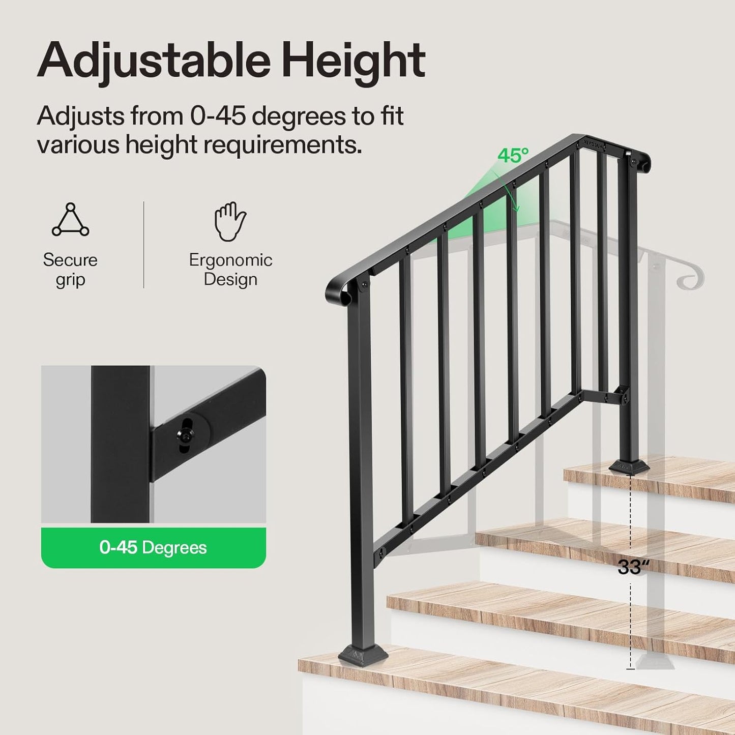 VIVOSUN Outdoor Handrail, 4 Step Stair Handrail, 54" x 36" Fits 1 to 4 Steps, Wrought Mattle Iron Stair Railing with Curved End and Balusters for Concrete Step, Porch Steps, One-Step Assembly, Black