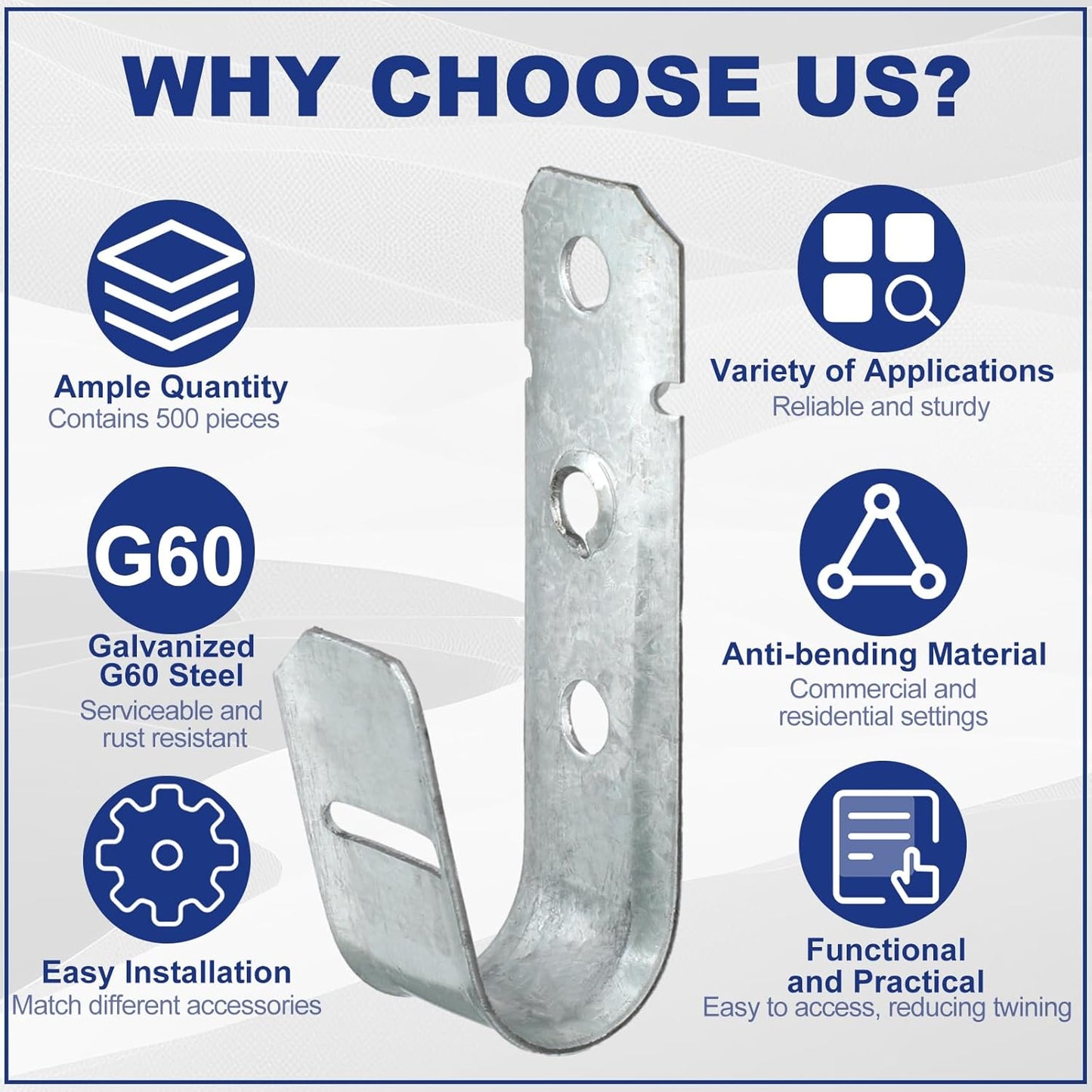 Gisafai 500 Pcs Cable Support J-Hook, 3/4 Inch Metal Garage Hooks for Hanging, Heavy Duty Network for Cable and Wire Management Wall Attaching J Utility, G60 Galvanized Steel, Silver